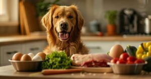 Pas sedi pored činija sa svežim mesom, povrćem i jajima na drvenom stolu, prikaz prirodne BARF ishrane i zdrave ishrane pasa.