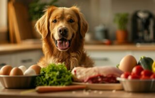 Pas sedi pored činija sa svežim mesom, povrćem i jajima na drvenom stolu, prikaz prirodne BARF ishrane i zdrave ishrane pasa.