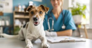 Veterinar razgovara sa vlasnikom psa u svetloj ordinaciji, prikaz upozorenja i saveta o rizicima sirove ishrane.