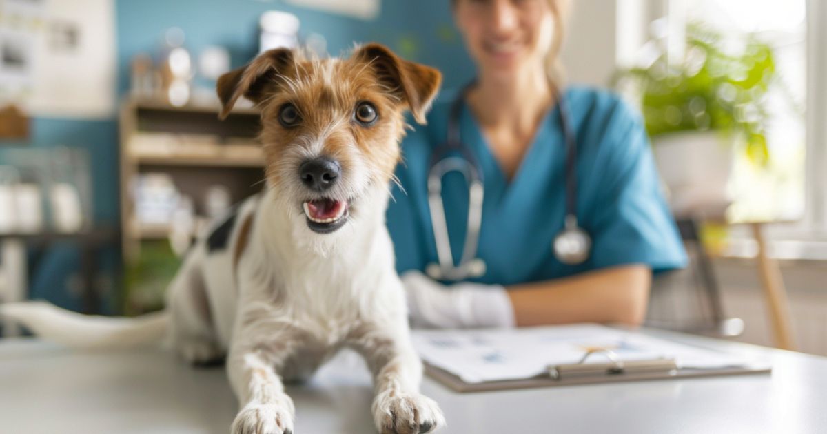 Veterinar razgovara sa vlasnikom psa u svetloj ordinaciji, prikaz upozorenja i saveta o rizicima sirove ishrane.