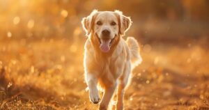 Zdrav i srećan pas sa sjajnim krznom trči napolju po suncu, simbol oporavka i dobre ishrane kod pasa sa alergijama.