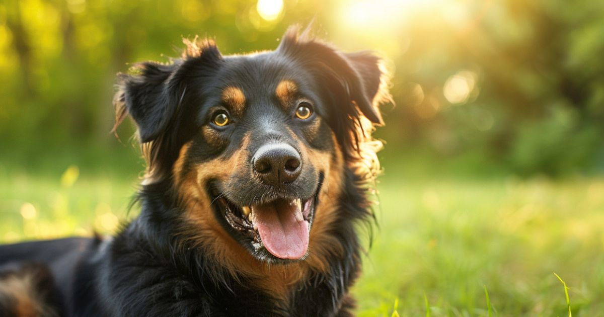 Zdrav pas trči napolju sa sjajnim krznom i radosnim izrazom, simbol ravnoteže i vitalnosti uz prirodnu ishranu.