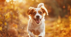 Zdrav i srećan pas trči po suncu sa sjajnim krznom, prikaz vitalnosti i energije uz pravilnu ishranu.