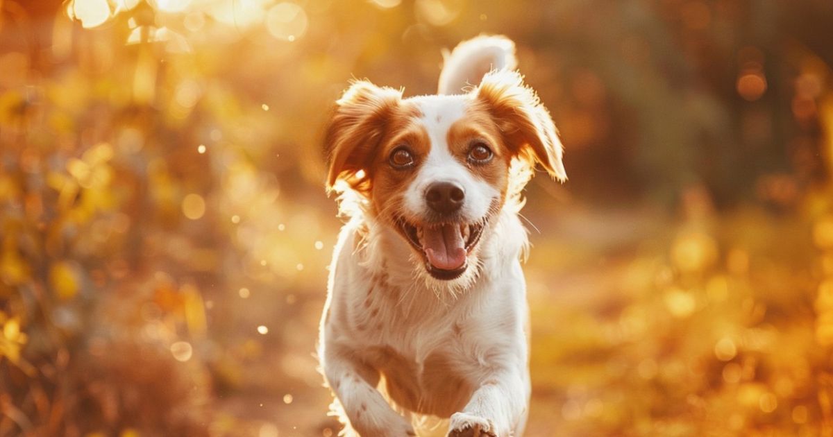 Zdrav i srećan pas trči po suncu sa sjajnim krznom, prikaz vitalnosti i energije uz pravilnu ishranu.