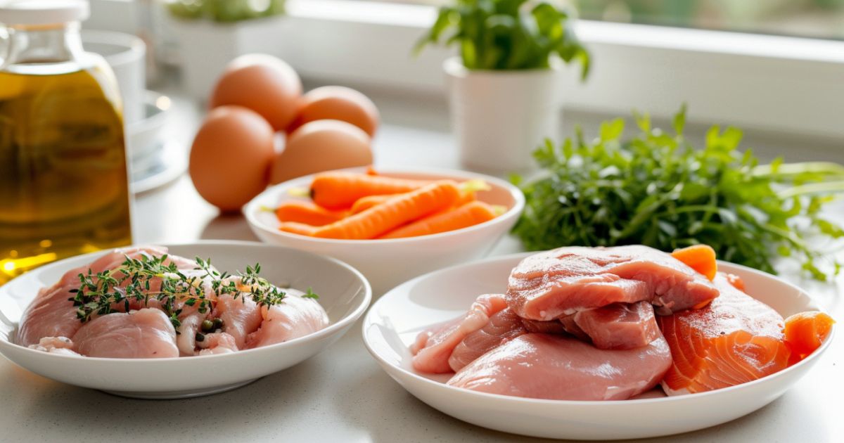 Priprema BARF obroka na kuhinjskom pultu – sirovo meso, povrće, jaja i lososovo ulje uredno raspoređeni u činijama.