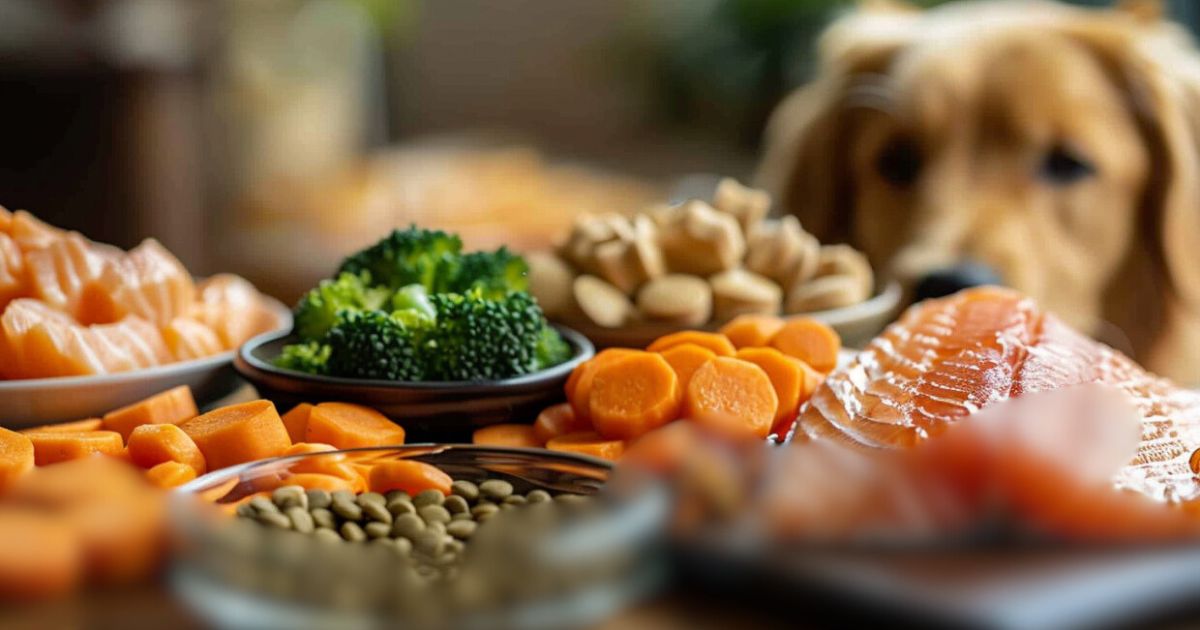 Šta senior hrana treba da sadrži Sastojci kvalitetne hrane za starije pse — losos, piletina, povrće, omega-3 ulja i glukozamin, prikazani na drvenoj površini.