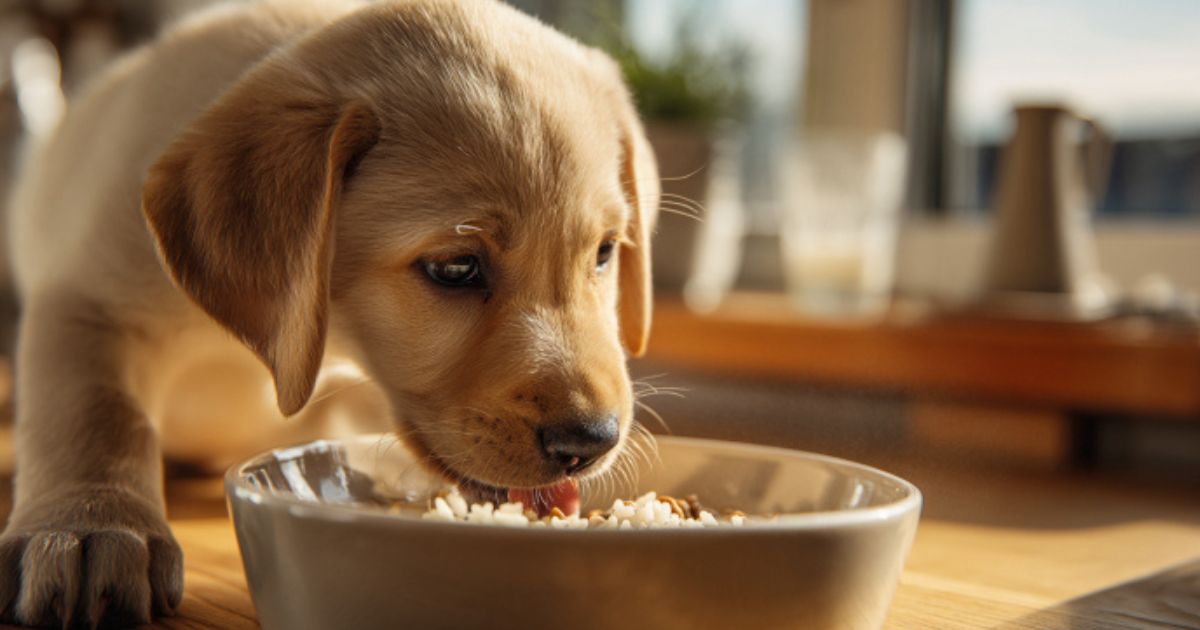 Štene jede kuvanu piletinu i pirinač iz činije u toplom kućnom okruženju.