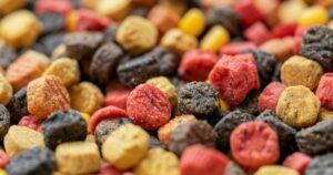 Niskokvalitetna hrana za pse sa kukuruzom, pšenicom i veštačkim bojama u činiji, prikaz loših sastojaka u ishrani.