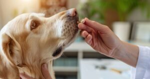 Veterinar daje suplement psu u mirnoj ambulanti, prikaz brige i pravilne upotrebe dodataka u ishrani.