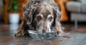 Stariji pas pije svežu vodu iz staklene činije u nežnom prirodnom osvetljenju.