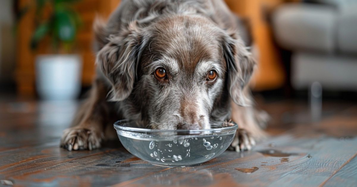 Unos vode kod starijih pasa Stariji pas pije svežu vodu iz staklene činije u nežnom prirodnom osvetljenju.