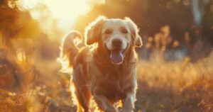 Veseli pas trči napolju po suncu, prikaz zdravlja, energije i vitalnosti uz pravilnu ishranu.