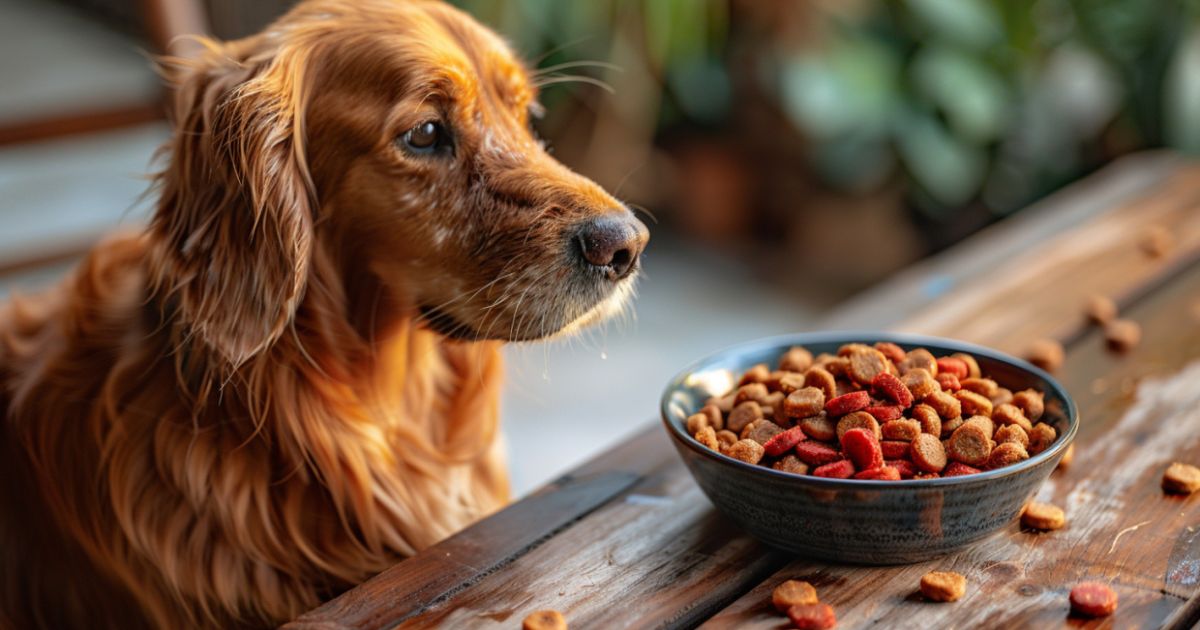 Vlažna hrana kada je najbolja i zašto je psi vole Posuda vlažne hrane za pse sa psom koji joj prilazi u prirodnom svetlu.