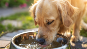 Pas pije svežu vodu iz metalne posude na otvorenom, prikaz važnosti hidratacije i zdravlja.