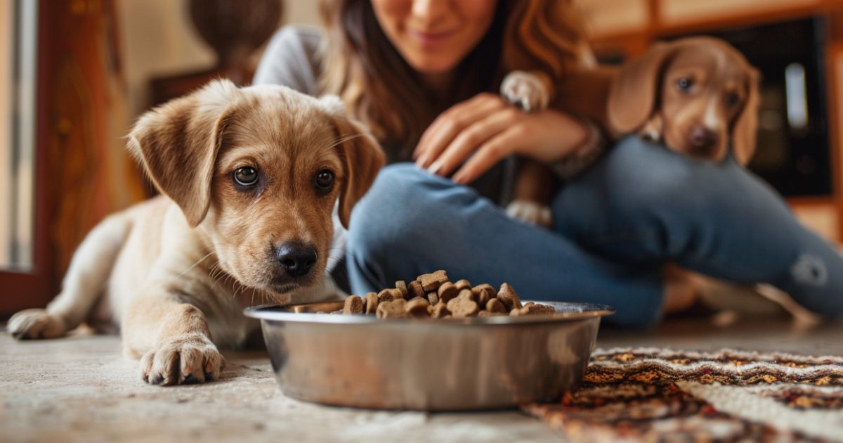 Štene i stariji pas sede pored činije sa sirovim mesom dok ih vlasnik posmatra, ilustracija pasa kojima BARF dijeta ne odgovara.