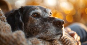 Stariji pas nežno naslanja glavu na ruku vlasnika u toplom, mirnom ambijentu.