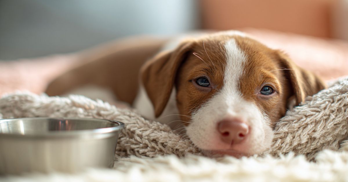 Štene odmara na mekanoj podlozi nakon obroka i izgleda zadovoljno.