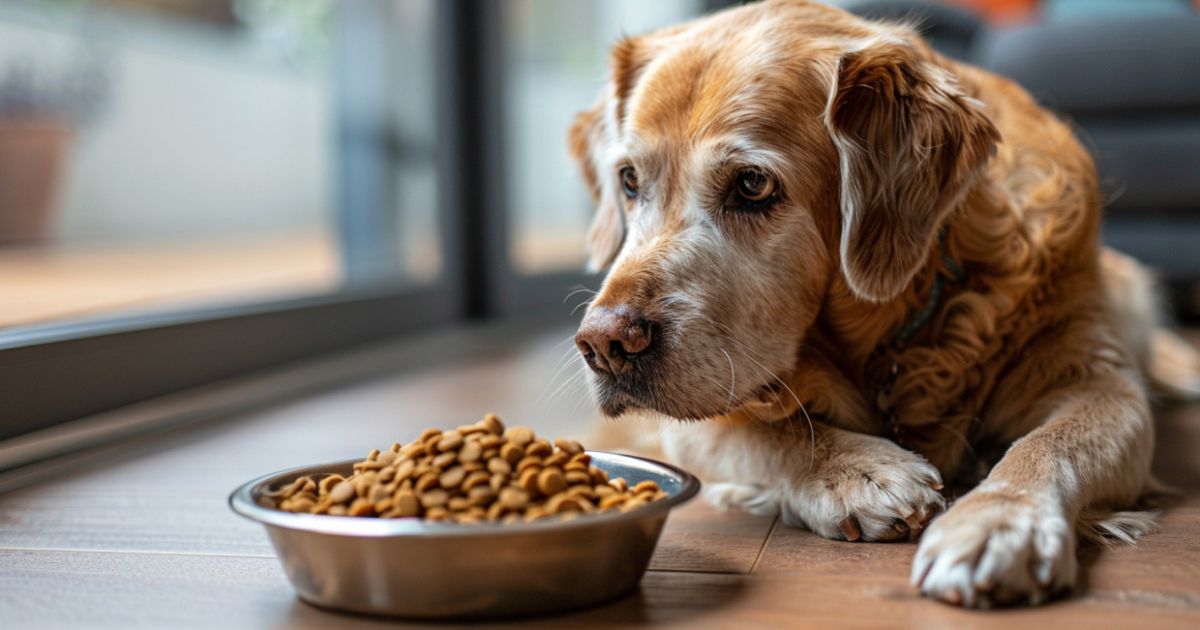 Zašto senior hrana mora da bude drugačija Stariji pas sedi između dve činije — jedna sa mekanom hranom za seniore koju bira, a druga sa običnim granulama koje ne jede.
