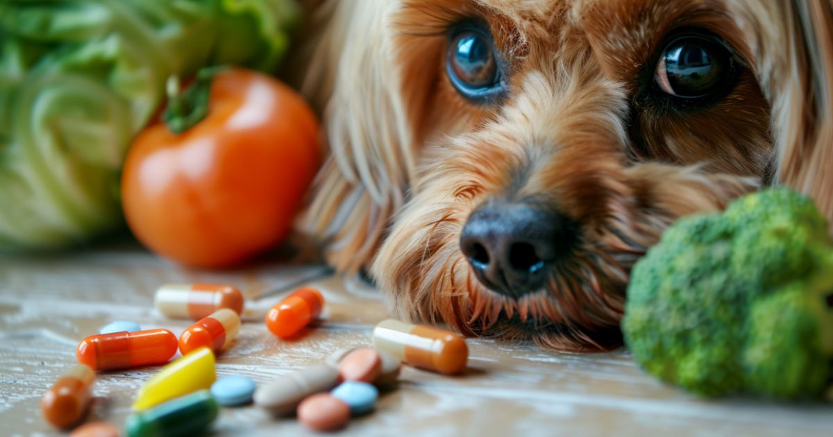 Pas sa sjajnim krznom i bistrim očima pored vitaminskih kapsula i povrća, prikaz važnosti vitamina za zdravlje pasa