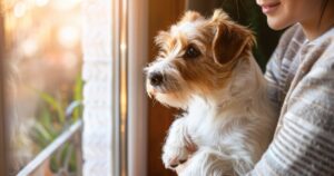 Vlasnik pažljivo pregledа krzno i kožu psa pored prozora, ilustracija ranog prepoznavanja znakova nedostatka vitamina i minerala.