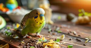 Jedna ptica pored namirnica koje su opasne za ishranu ptica.