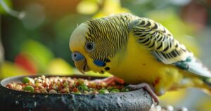 Kućna ptica jede mešavinu semenki, povrća i peleta iz činije.