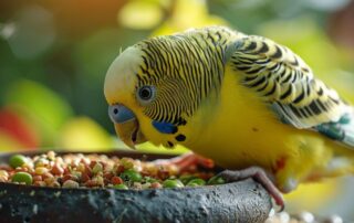 Kućna ptica jede mešavinu semenki, povrća i peleta iz činije.