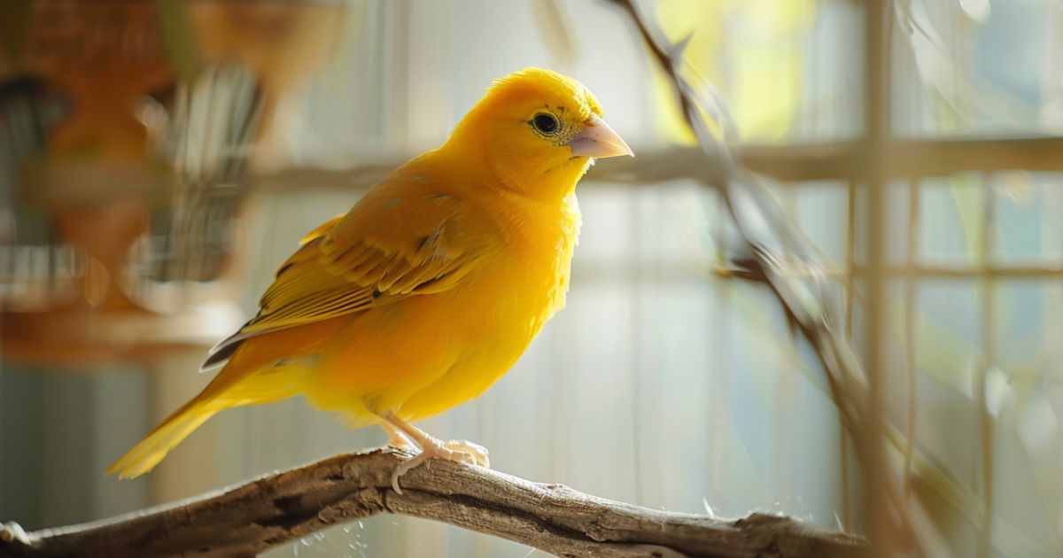 Kanarinci – umetnici među pticama, nežni, osetljivi i čisti Žuti kanarinac stoji na grančici u toplom, prirodno osvetljenom prostoru.
