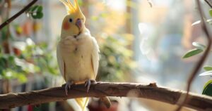 Nimfa mirno sedi na grančici u toplom kućnom ambijentu.