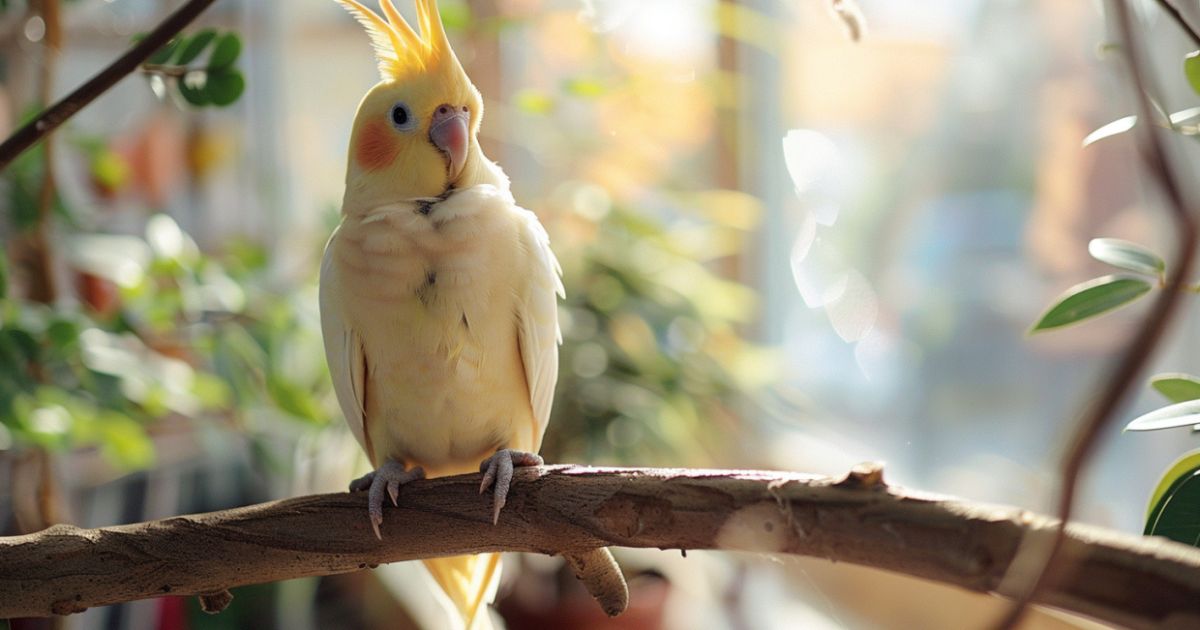 Nimfe nežne, emotivne i privržene Nimfa mirno sedi na grančici u toplom kućnom ambijentu.