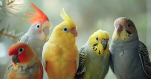 Različite vrste kućnih ptica zajedno u prirodnom osvetljenju, jasno prikazane razlike u veličini i karakteru.