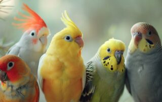 Različite vrste kućnih ptica zajedno u prirodnom osvetljenju, jasno prikazane razlike u veličini i karakteru.