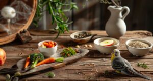 Raspored obroka za ptice sa povrćem, semenjem i svežom vodom na stolu.