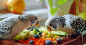 Ptice jedu mešavinu povrća, voća i kuvane hrane na drvenom postolju.