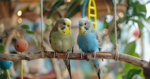 Dve tigrice na grančama okružene igračkama, u svetlom prostoru.