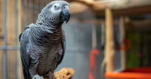 Veliki papagaj u prirodno osvetljenom prostoru sa igračkama i kavezom u pozadini.