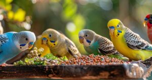 Ptice na prečki dok jedu raznovrsnu i balansiranu hranu.