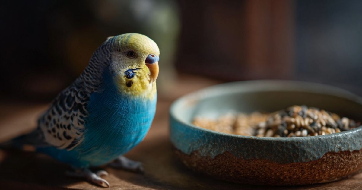 Ptica pored činije sa mešavinom semenki za ishranu ptica