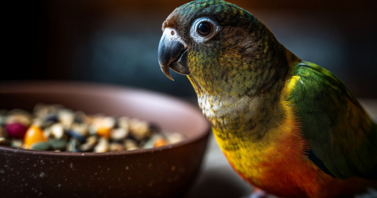 Zdrava kućna ptica pored uravnotežene hrane sa semenjem, granulama i svežim voćem i povrćem