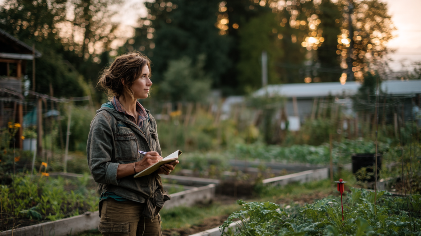 Osoba procenjuje idealno mesto za baštu prema suncu, vetru i vodi u dvorištu.