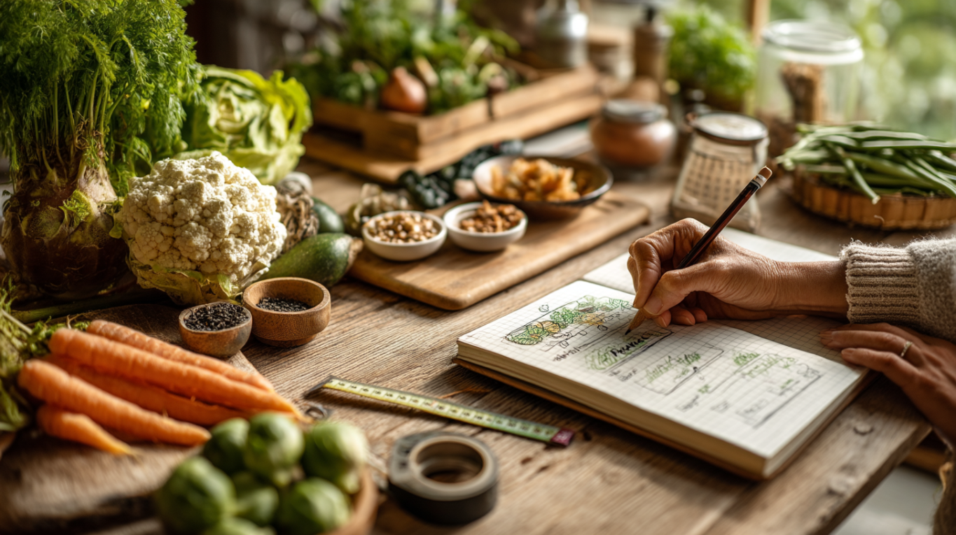 Planiranje sadnje povrća na stolu uz seme luka, šargarepe, salate, tikvica, pasulja i peršuna.