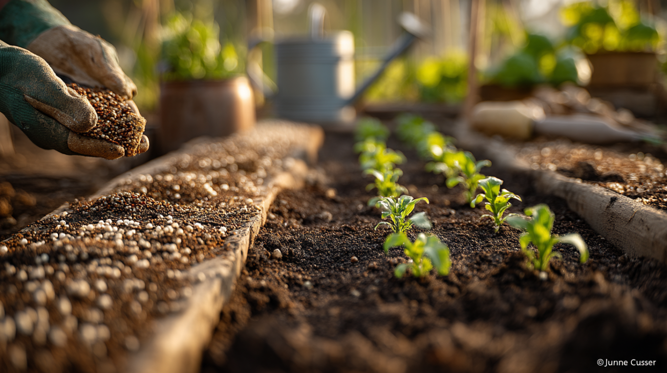 Prihrana i osnovno đubrenje u bašti, merena doza đubriva oko mladih biljaka u gredici.