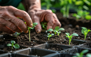 Ruke sade seme povrća u bašti dok pored niču mlade klice i rasad.