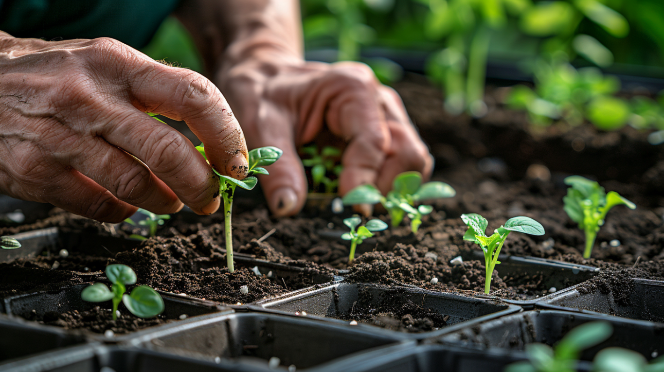 Ruke sade seme povrća u bašti dok pored niču mlade klice i rasad.