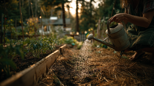 Jutarnje zalivanje povrća u koren uz sloj malča na baštenskoj gredici.